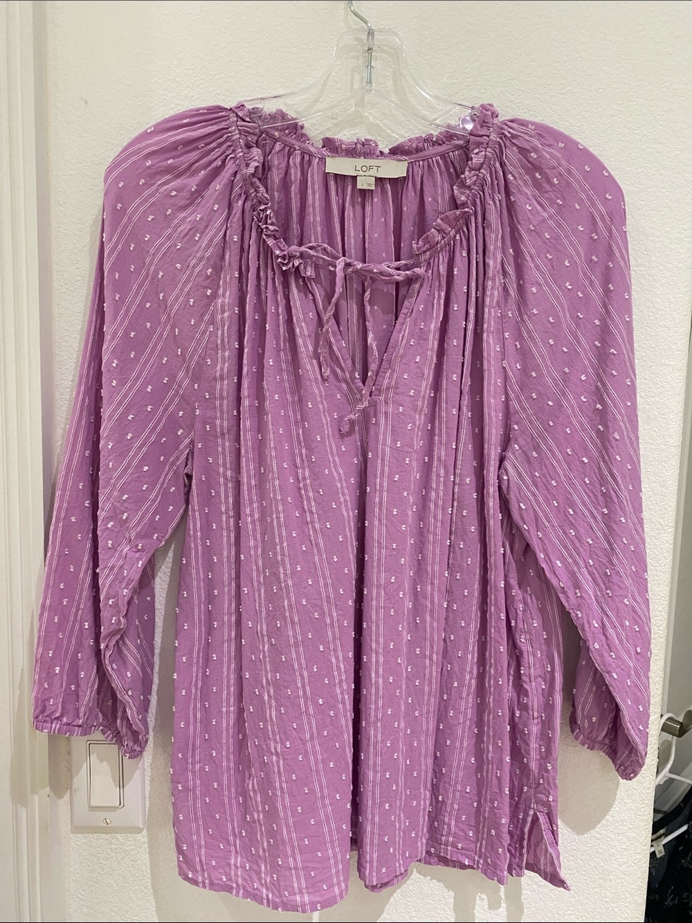 LOFT Dobby Tie Neck Blouse - Vibrant Lilac Style 607121 - Size L - Like New